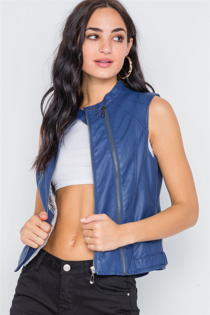 Royal Blue Vegan Leather Faux Fur Moto Vest