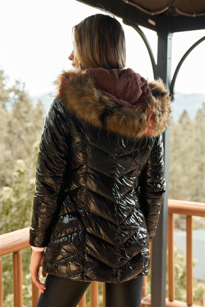 Black Glossy Finish Fitted Faux Fur Padded Puffer Jacket