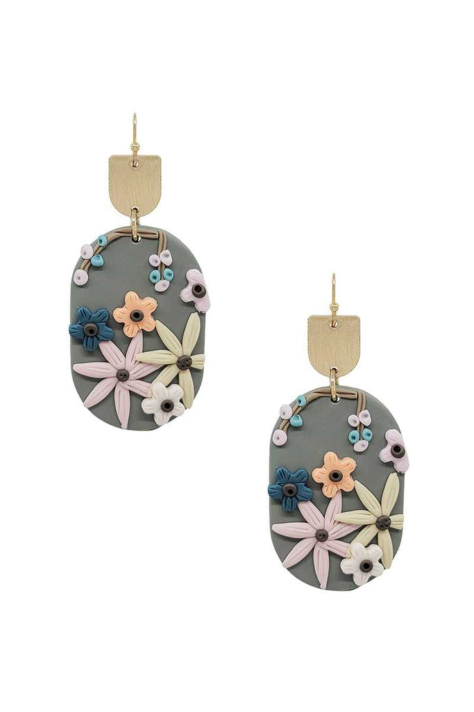 Natalie Metal Oval Clay Flower Dangle Earring