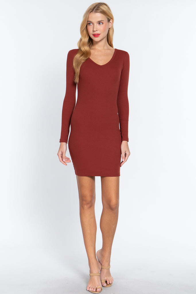 Angelina Rust V-neck Mini Rib Dress