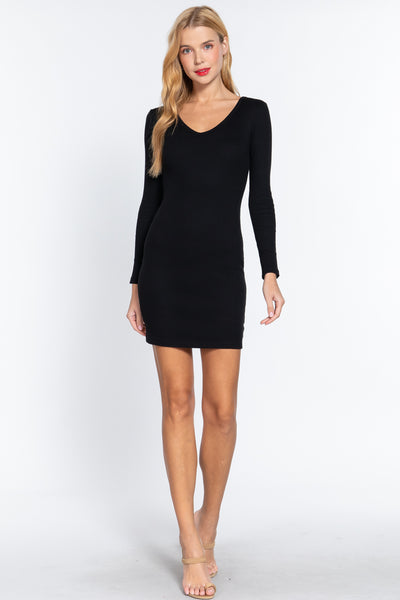 Angelina Black V-Neck Mini Rib Dress
