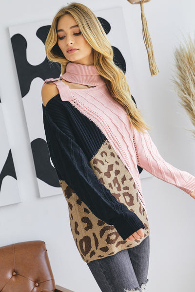 Turtle Neck Pink Block Cutout Sweater