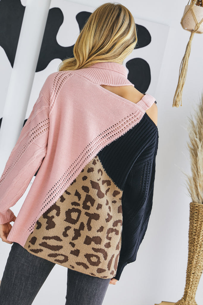 Turtle Neck Pink Block Cutout Sweater