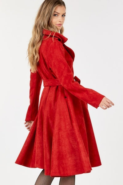 Button Tacking Wine Collar A Line Suede Coat
