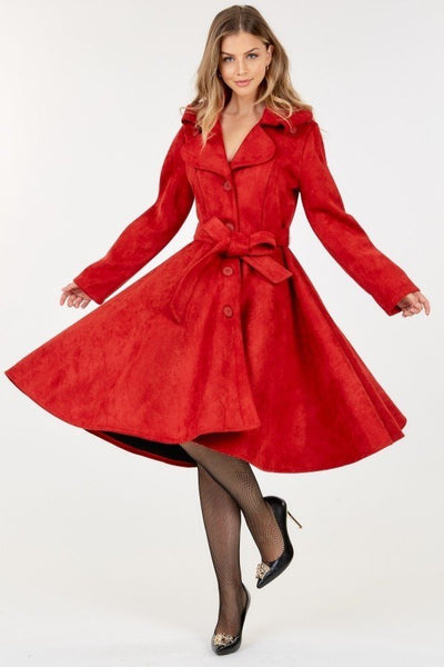 Button Tacking Wine Collar A Line Suede Coat