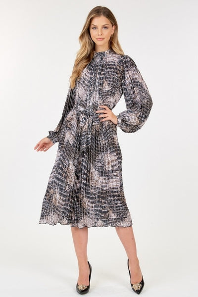 Long Sleeve Pleated Snake Skin Dress