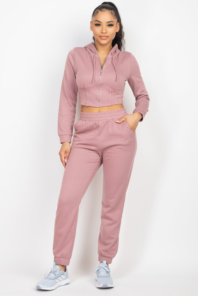 Zip-up Corset Hoodie & Jogger Pants Mauve Set