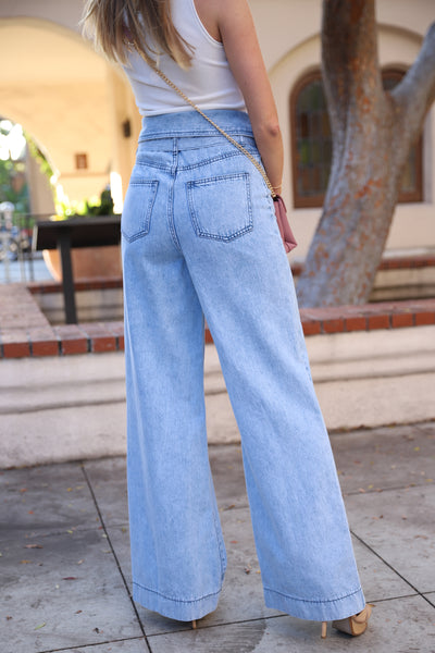 UPTOWN WIDE LEGGED HIGH WAISTED LIGHT DENIM JEANS