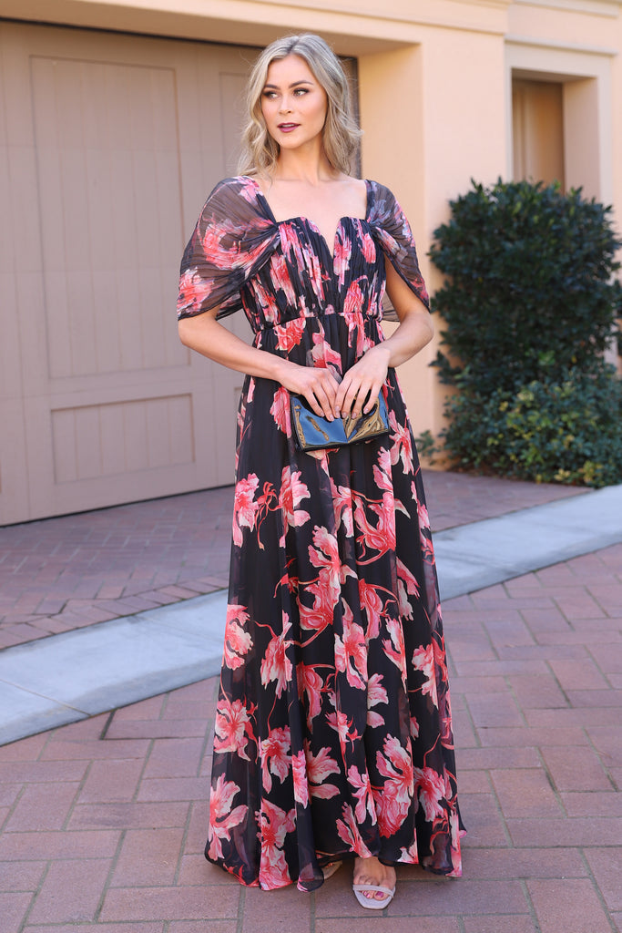 LOVE AND LUXURY BLACK FLORAL MAXI DRESS