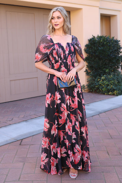 LOVE AND LUXURY BLACK FLORAL MAXI DRESS