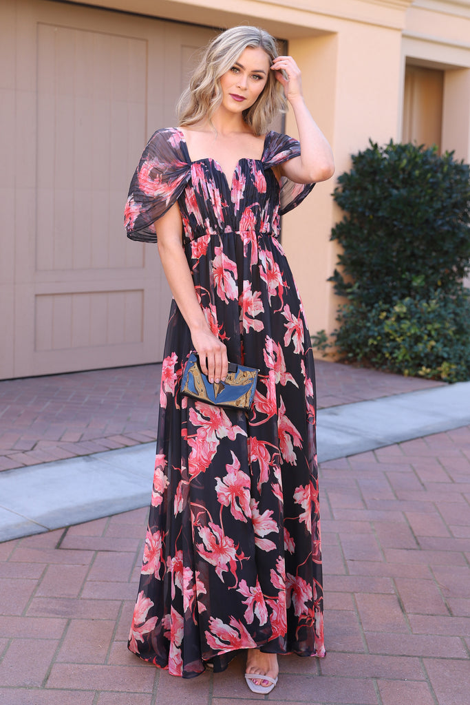 LOVE AND LUXURY BLACK FLORAL MAXI DRESS