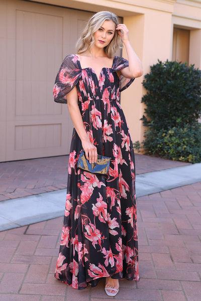 LOVE AND LUXURY BLACK FLORAL MAXI DRESS