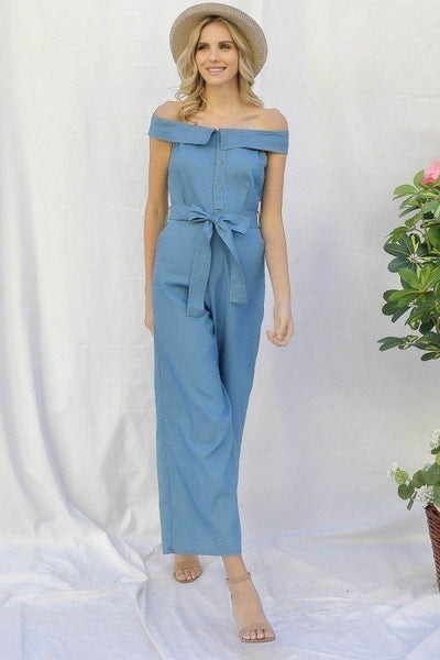 Light Denim Off-shoulder Denim Wide Leg Palazzo Jumpsuit