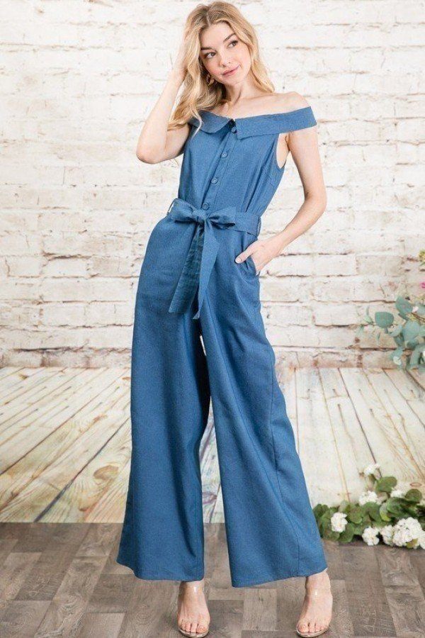 Medium Wash Off-shoulder Denim Wide Leg Palazzo Jumpsuit