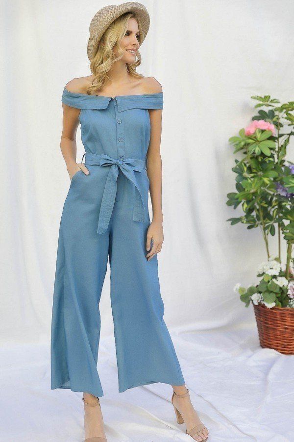 Light Denim Off-shoulder Denim Wide Leg Palazzo Jumpsuit