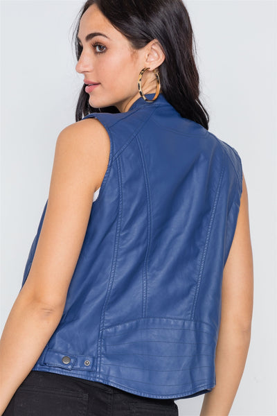 Royal Blue Vegan Leather Faux Fur Moto Vest