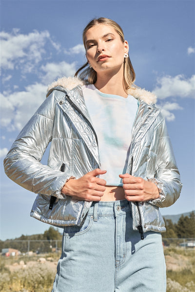 Silver Fuzzy Faux Fur Hood Padded Jacket