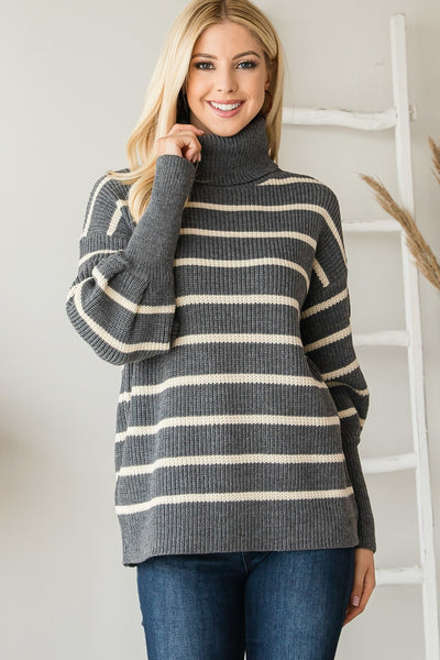 Perfect Grey Heavy Knit Striped Turtle Neck Sweater