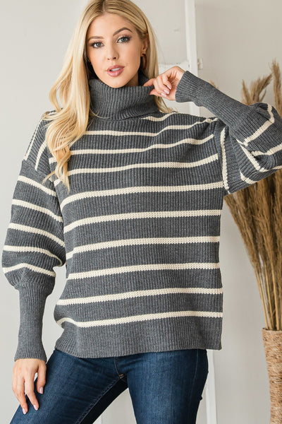 Perfect Grey Heavy Knit Striped Turtle Neck Sweater