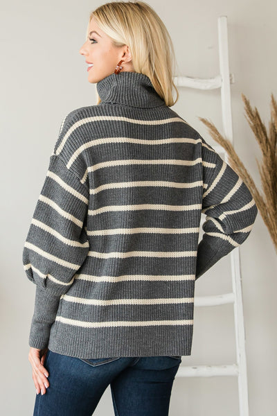 Perfect Grey Heavy Knit Striped Turtle Neck Sweater