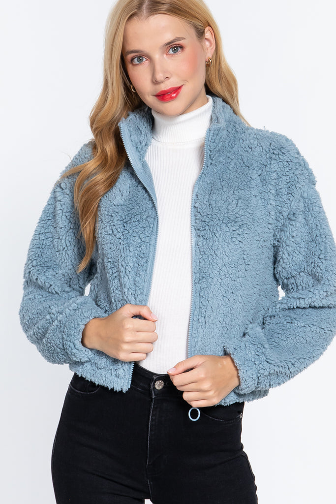 Dusty Blue Faux Fur Zip-up Jacket