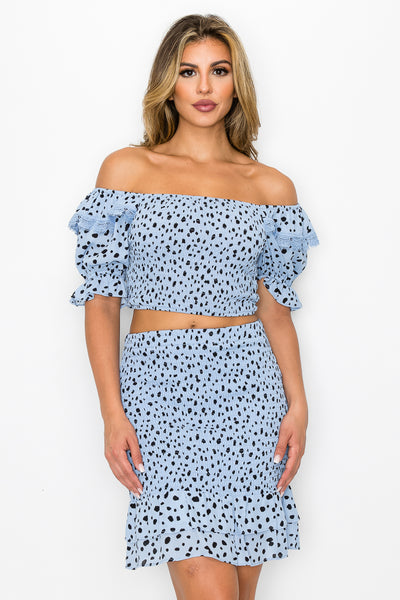 Smocking Blue Ruffled Printed Top & Skirts Set