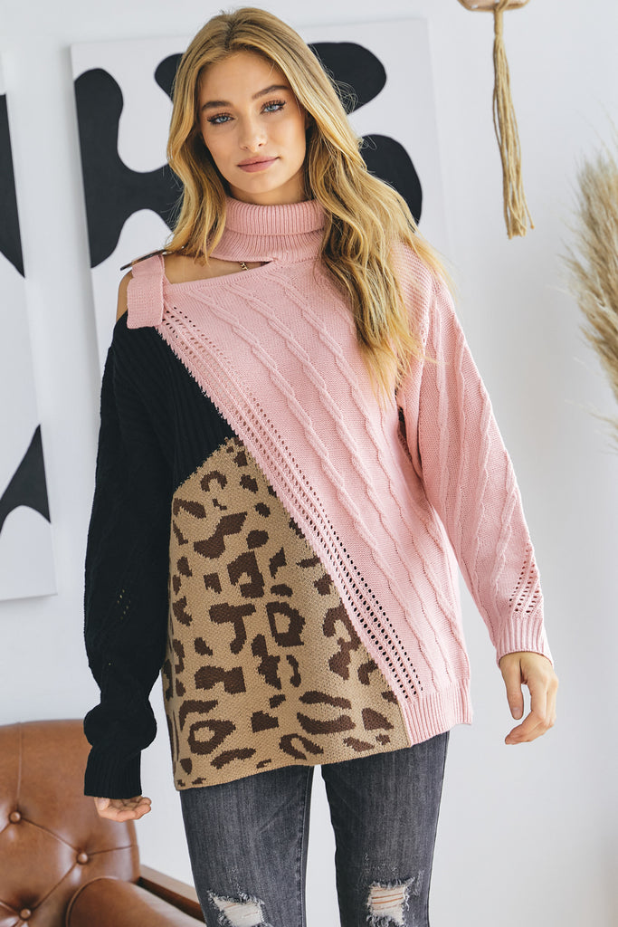 Turtle Neck Pink Block Cutout Sweater