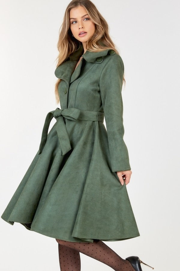 Button Tacking Olive Collar A Line Suede Coat