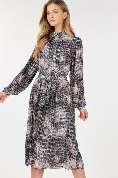 Long Sleeve Pleated Snake Skin Dress