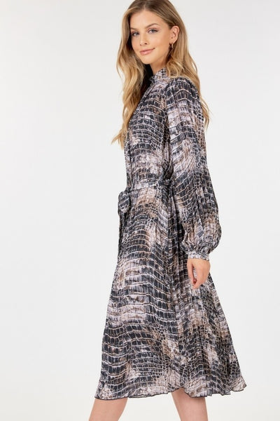 Long Sleeve Pleated Snake Skin Dress