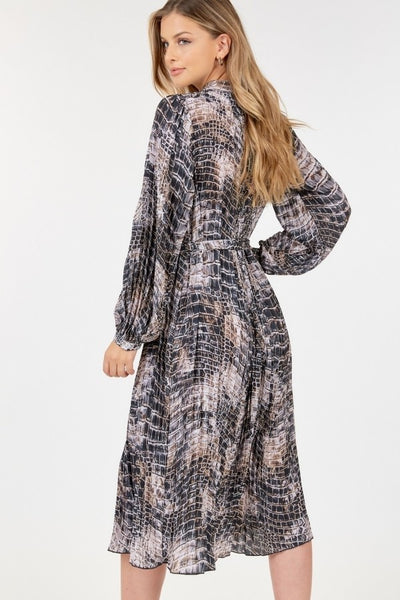 Long Sleeve Pleated Snake Skin Dress