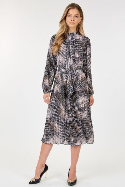 Long Sleeve Pleated Snake Skin Dress