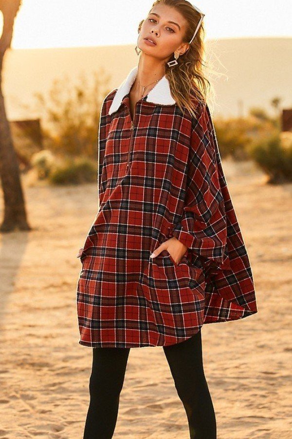 Mock Neck Rust Plaid Poncho