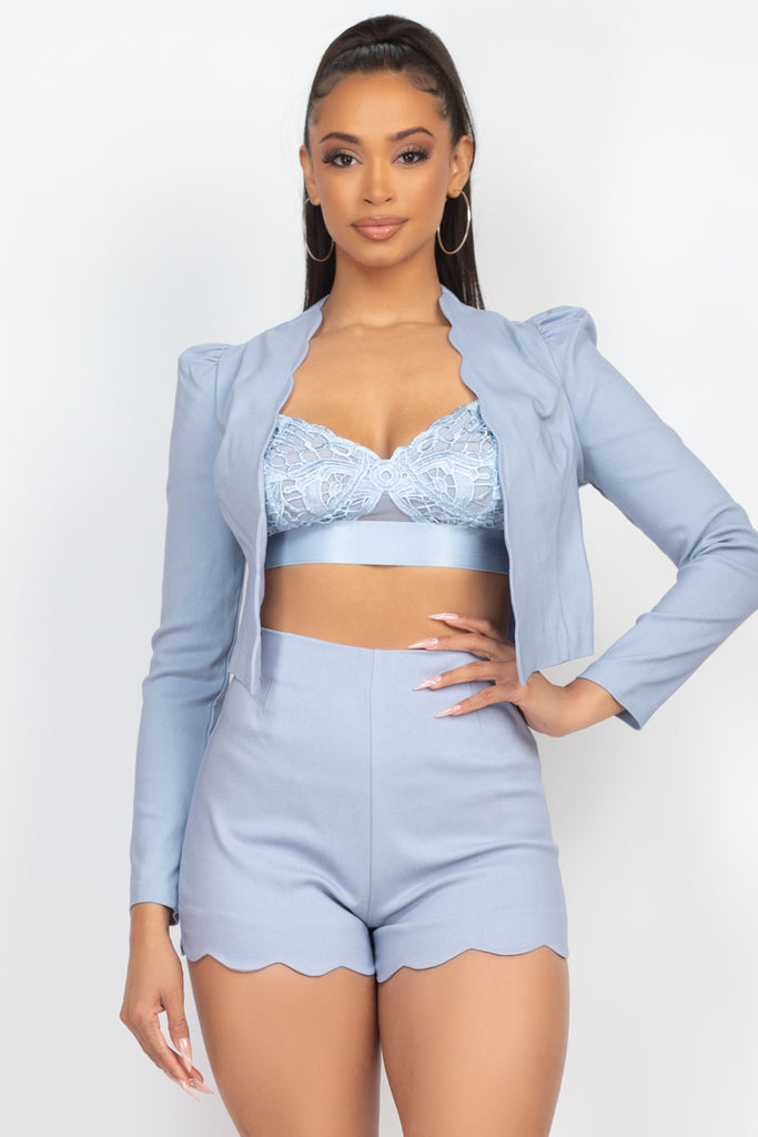 Scallop Hem Blazer Jacket & Mini Shorts Blue Set