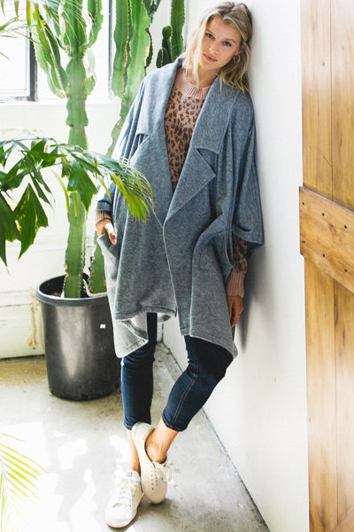 Solid Knit Oversized Denim Trench Jacket