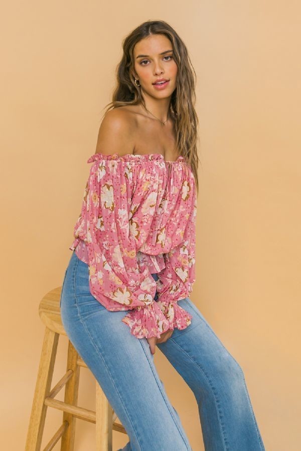 Off Shoulder Floral Pink Neckline Printed Top