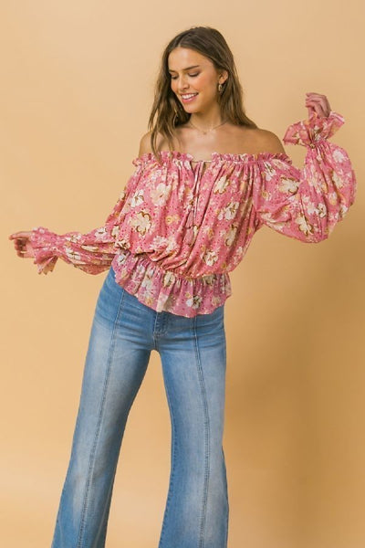 Off Shoulder Floral Pink Neckline Printed Top