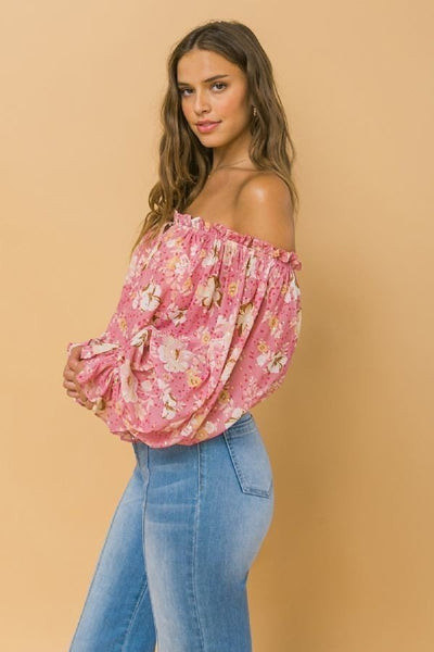 Off Shoulder Floral Pink Neckline Printed Top