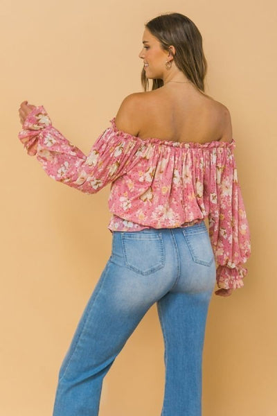 Off Shoulder Floral Pink Neckline Printed Top