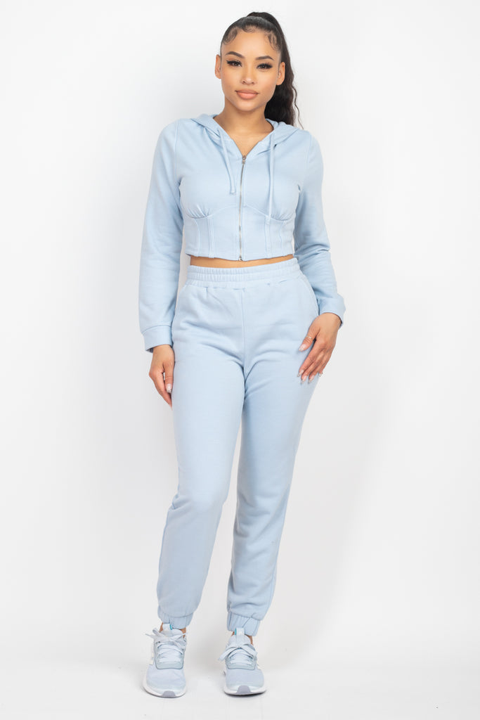 Zip-up Corset Hoodie & Jogger Pants Blue Set