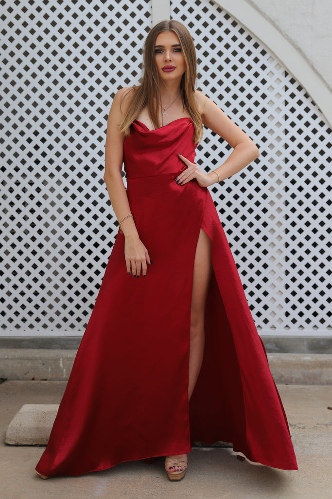 ROMANCE IN CALIFORNIA RED MAXI SATIN DRESS | Uptown American ROMANCE IN CALIFORNIA RED MAXI SATIN DRESS | Uptown American