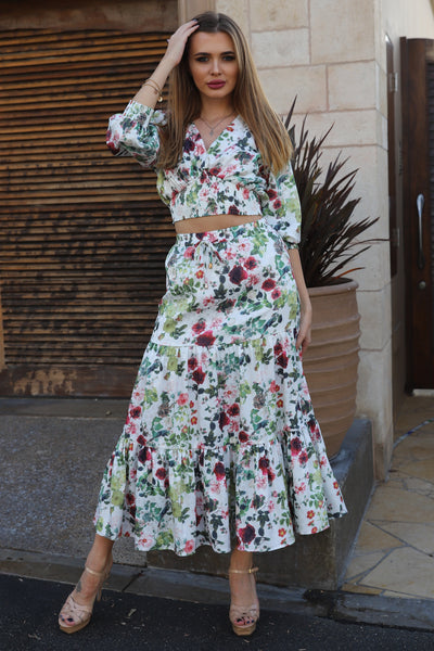 GARDEN GODDESS WHITE FLORAL MIDI SKIRT