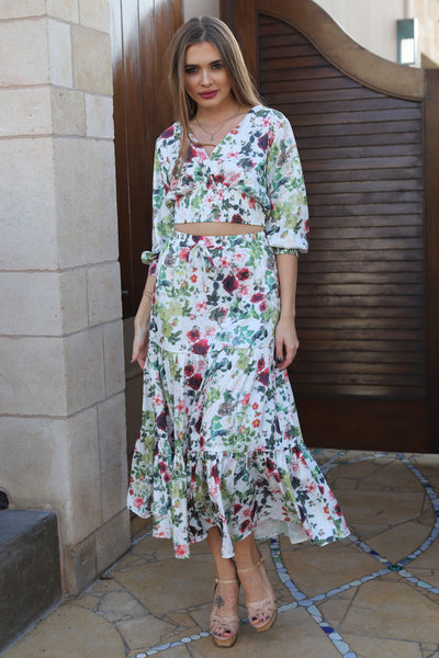 GARDEN GODDESS WHITE FLORAL MIDI SKIRT