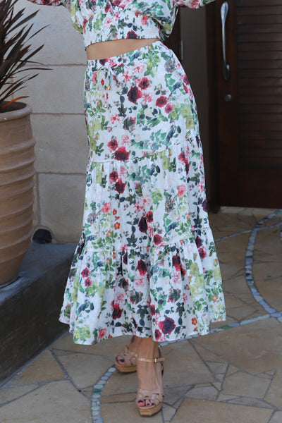 GARDEN GODDESS WHITE FLORAL MIDI SKIRT